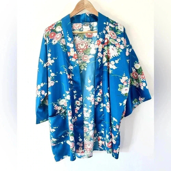 Vintage Blue Floral Satin Kimono Top & Wide Leg Pants Asian Boho 2 Piece Set - Picture 3 of 15